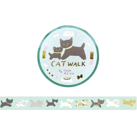 A round decorative label or sticker featuring the text 'CAT WALK' with illustrated cats and small accessories, plus a horizontal strip below showing repeating cat figures in different colors on a pale mint background. The visible text includes 'by TADA REIKO'.