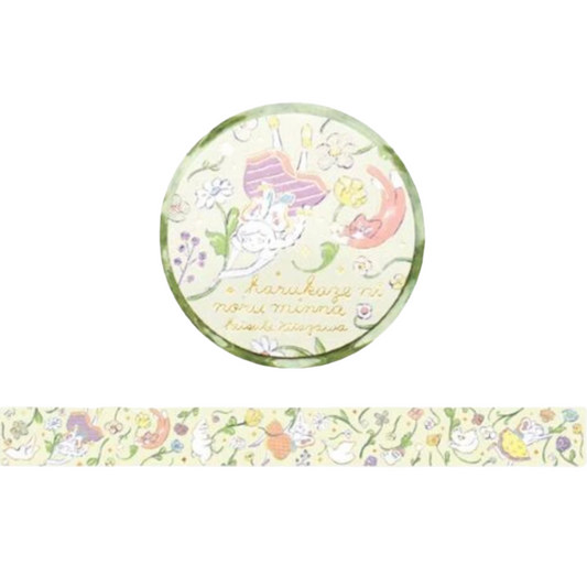 A round decorative tin or coaster-style product with a pastel watercolor illustration of a white cat in a pink house and a matching floral pattern strip shown below on a white background.
