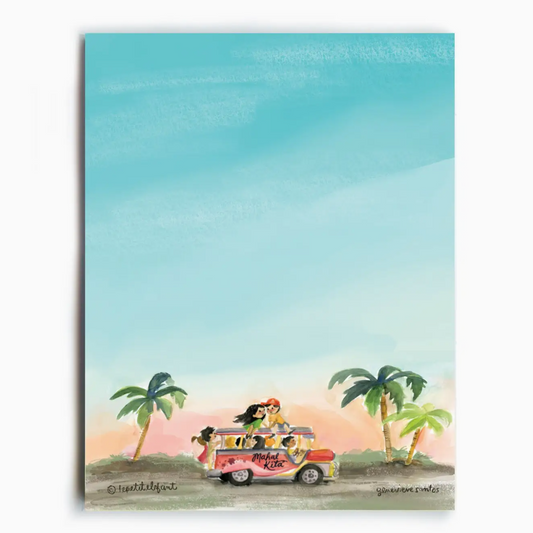 A vertical art print featuring a watercolor illustration of a retro pink and yellow car with a woman and man on top with another woman driving, set against a light blue sky with palm trees and dirt road.
