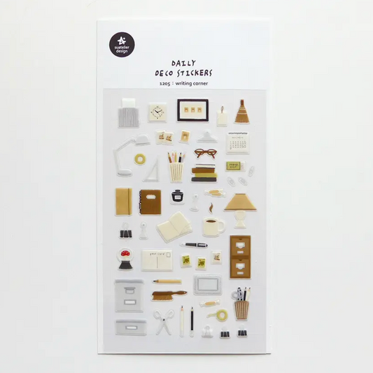 Packaging of Daily Deco Stickers with various illustrated stickers on a white background