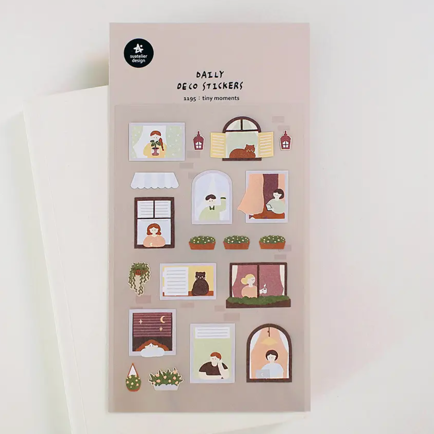 A sheet of 'Daily Desk Stylers' sticky notes with cute, minimalist illustrations of people at desks, lamps, and windows, displayed on a clean white background.