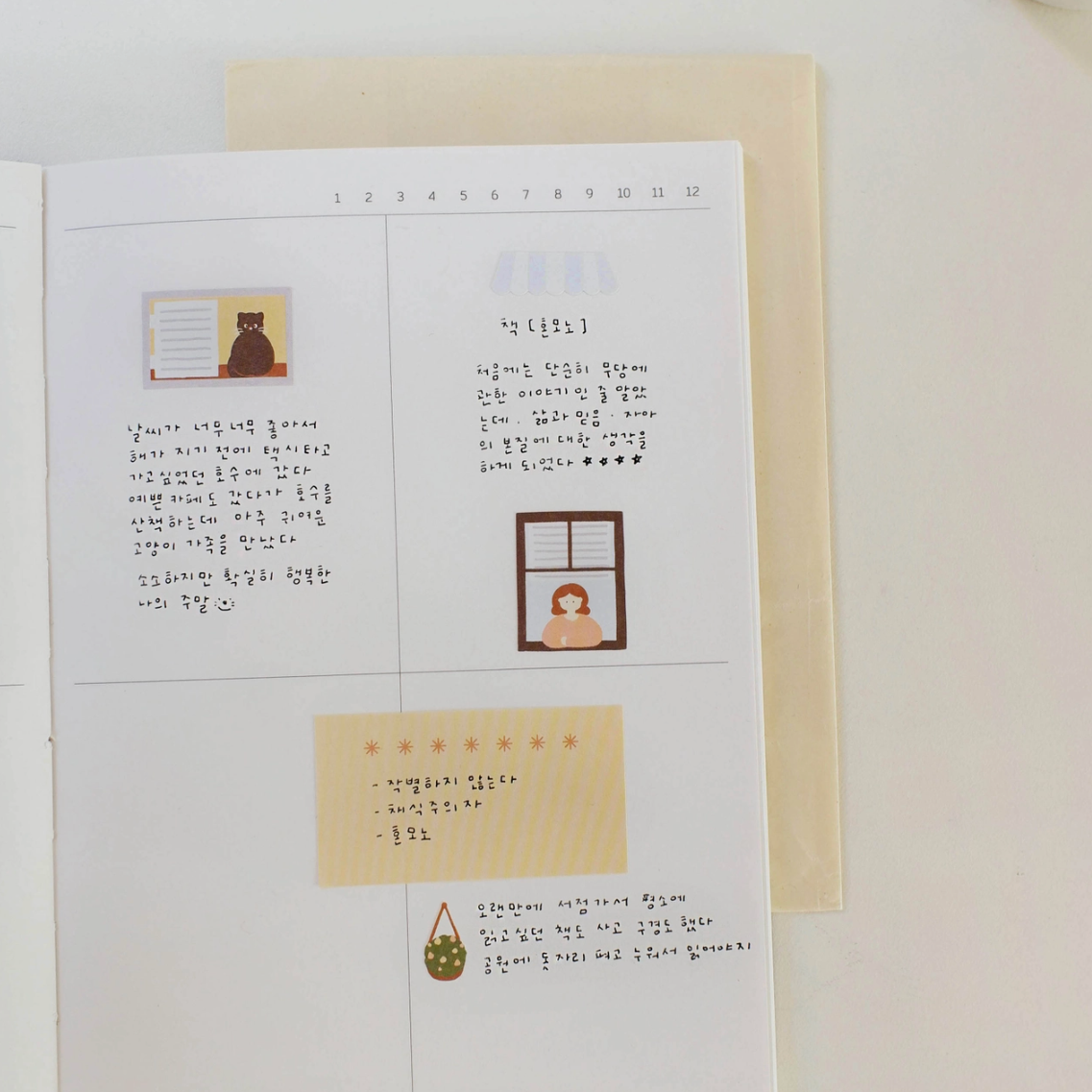 An open handmade journal or notebook page with handwritten Korean text, small photo inserts, and a beige sticky note on a light surface.