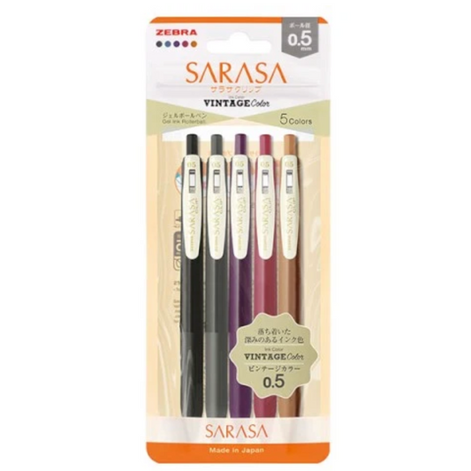 Zebra Sarasa Vintage 0.5mm pen set in retail packaging, featuring five colors: black, gray, blue, purple, and brown.
