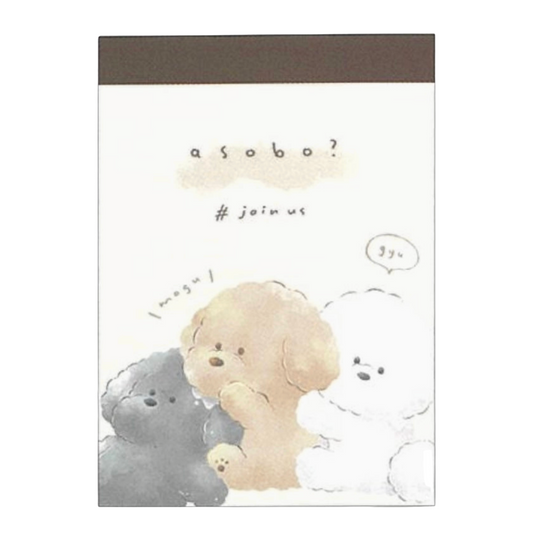 A memo pad featuring three puppy dogs in beige, white, and gray tones on an off-white background, with the text 'asobo?' and '# join us' above them.