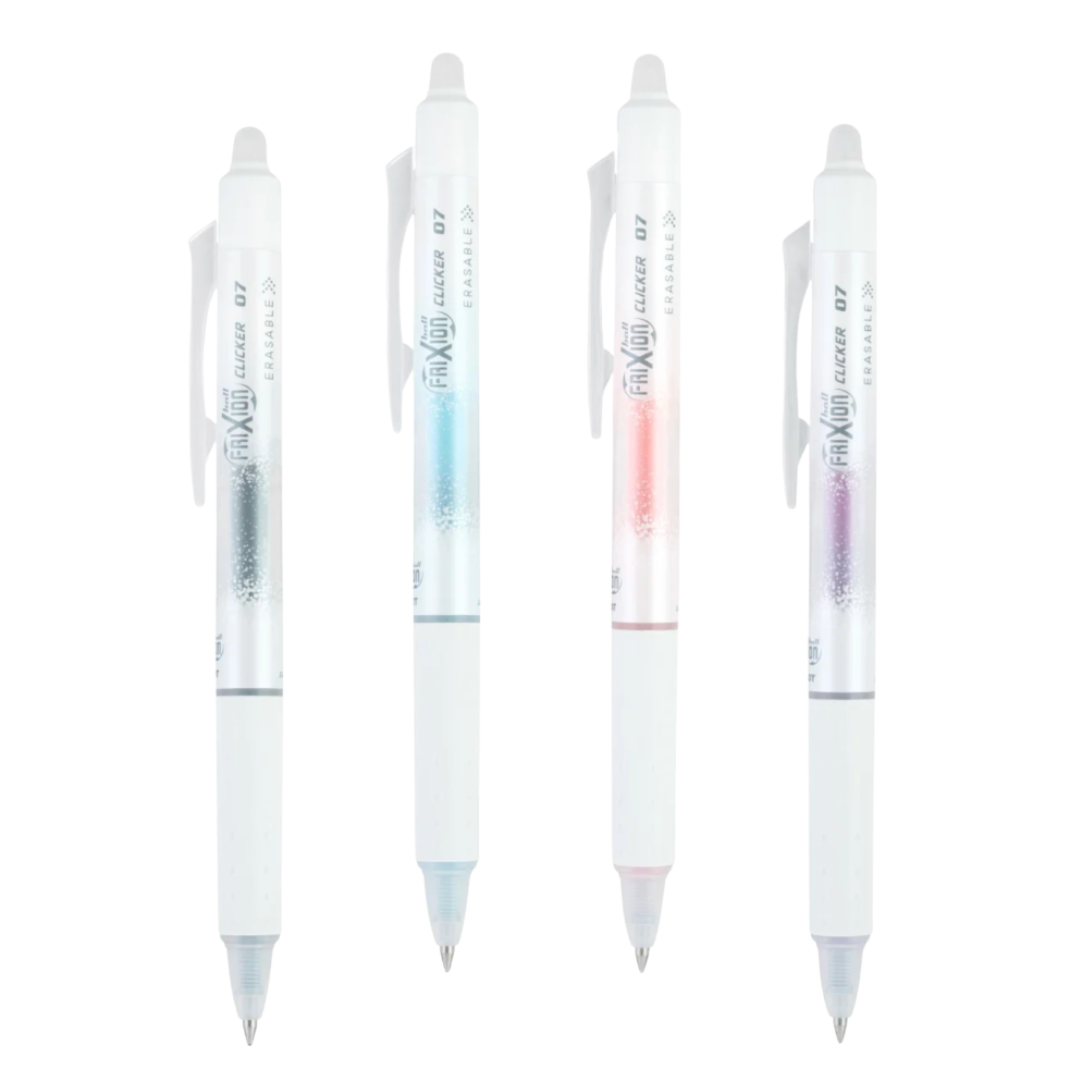 Four retractable gel pens in white plastic with translucent barrels, shown vertically on a plain white background. Each pen has a different colored ink reservoir: silver, light blue, light pink, and light purple.