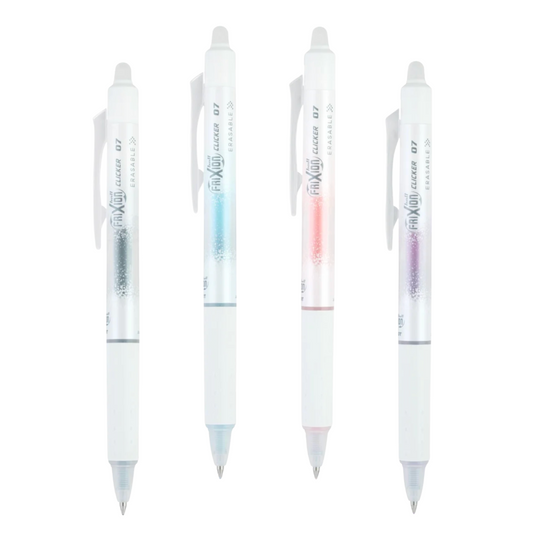 Four retractable gel pens in white plastic with translucent barrels, shown vertically on a plain white background. Each pen has a different colored ink reservoir: silver, light blue, light pink, and light purple.