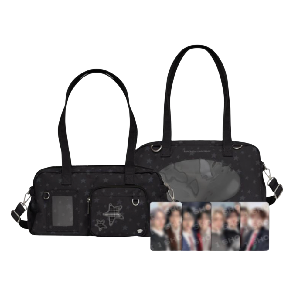 A black patterned duffel bag with two handles and a zippered pocket, shown alongside a matching zippered pouch with a world map print and a small rectangular photo print, all on a white background.