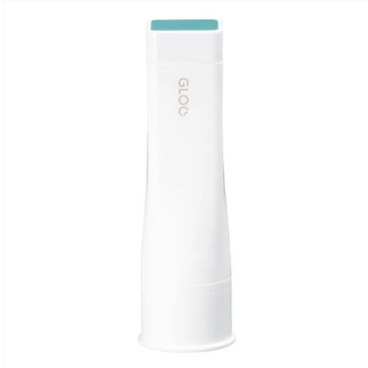 A white cylindrical glue stick, featuring a small mint green accent at the top and the brand name 'GLOO' printed vertically on the front.