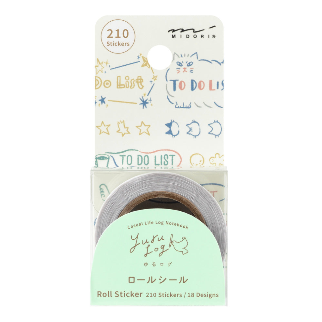 A roll of Midori 'To Do List' roll sticker with 210 stickers, featuring a light green label and a decorated cardboard backing.