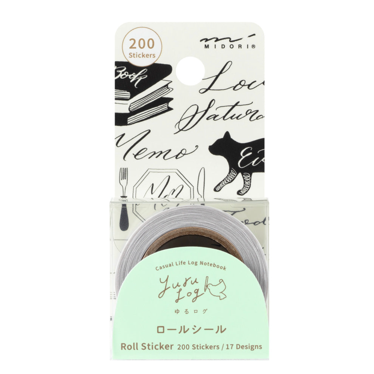 Midorin Yufulog roll sticker notebook featuring a light green label and 200 stickers on a white backing card with black illustrations.