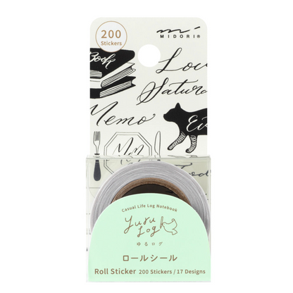 Midorin Yufulog roll sticker notebook featuring a light green label and 200 stickers on a white backing card with black illustrations.