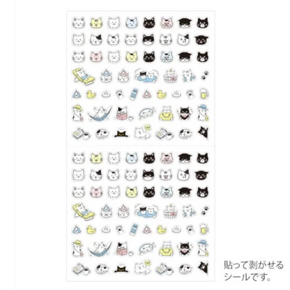 A sheet of small cartoon cat-themed stickers with many tiny illustrated faces and small motifs, shown on a white background with Japanese text at the bottom right.
