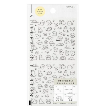 A sheet of small illustrated stickers in a clear plastic package, featuring simple black line drawings of animals, objects, and small icons on a white background. The package has Japanese text and a small yellow circular sticker at the top left.
