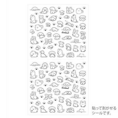 A sheet of small black line-art animal and nature illustrations on a white background, with Japanese text at the bottom indicating adhesive sticker sheets.