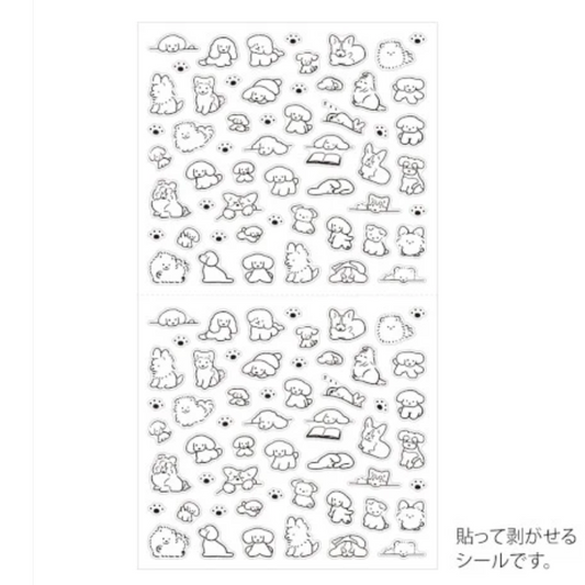 A sheet of small black line-art animal and nature illustrations on a white background, with Japanese text at the bottom indicating adhesive sticker sheets.