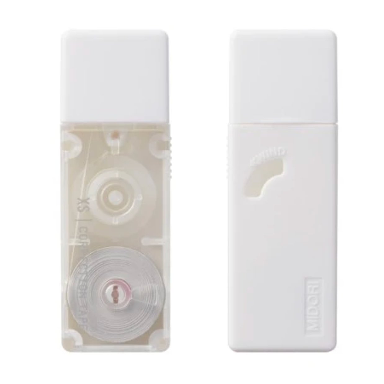 White correction tape with see-through body on a white background with text 'MIDORI'.