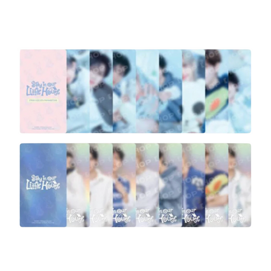 A set of rectangular printed cards or stickers arranged in two rows on a white background. The top row has a pale pink section on the left with the text 'Stay with Little House' and several blurred vertical photo panels.