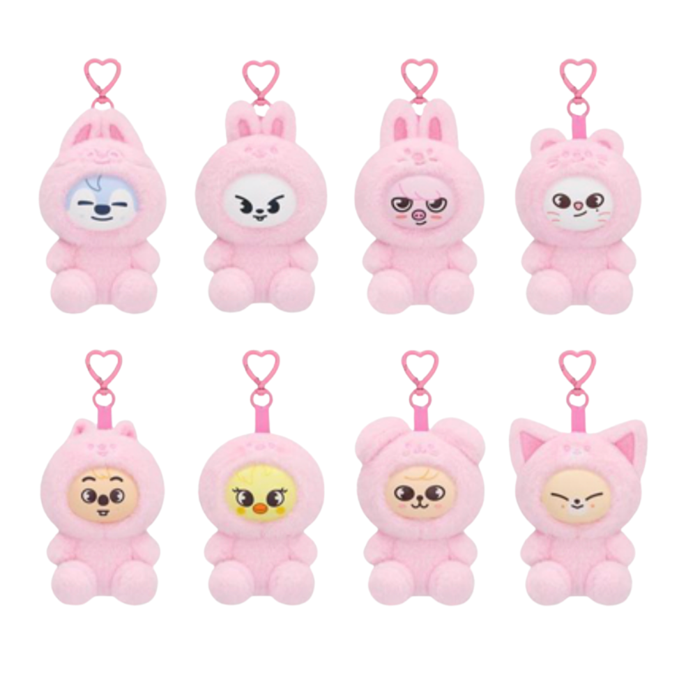 Eight pink plush character keychain charms arranged in two rows on a white background, each with a small heart-shaped clip and a different cute face design.
