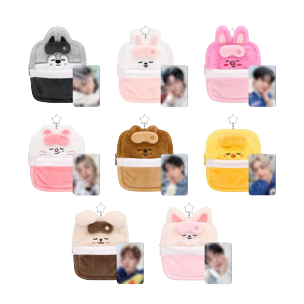 Nine small plush character pouches arranged in a 3x3 grid on a white background, each with a photo ID slot on the front. The backpacks come in different colors and animal designs including gray/black, pink/white, brown/white, yellow, and cream/brown.