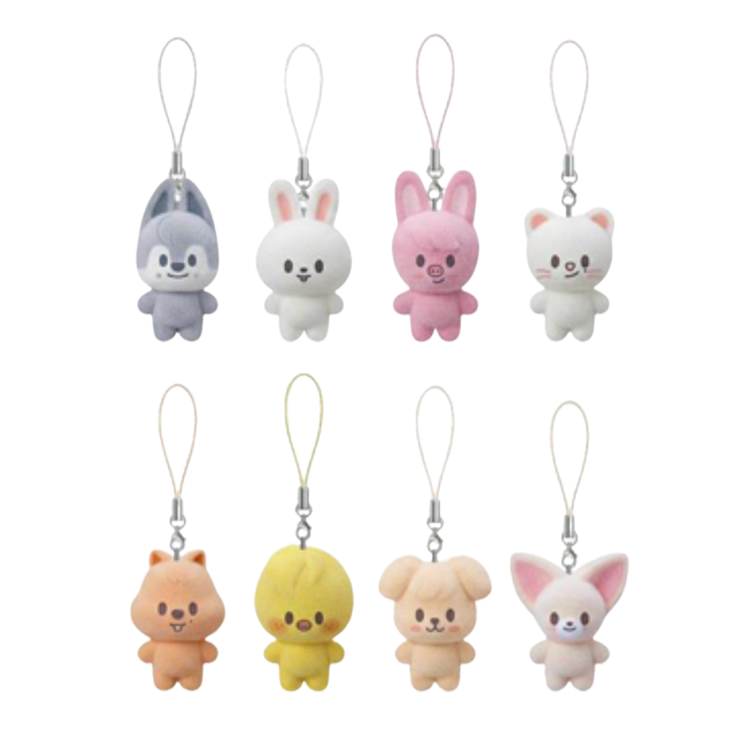 Eight small plush character keychains or bag charms arranged in two rows on a plain white background. The characters include gray, white, pink, white, peach, yellow, beige, and pale pink, each with a loop strap at the top.
