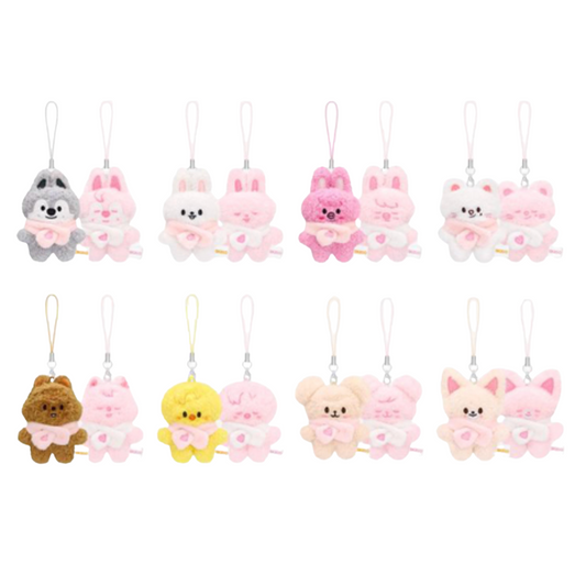 Twelve small plush character charms with hanging loops, arranged in two rows on a plain white background. The set includes gray, white, pink, brown, yellow, and peach animal and bunny figures.