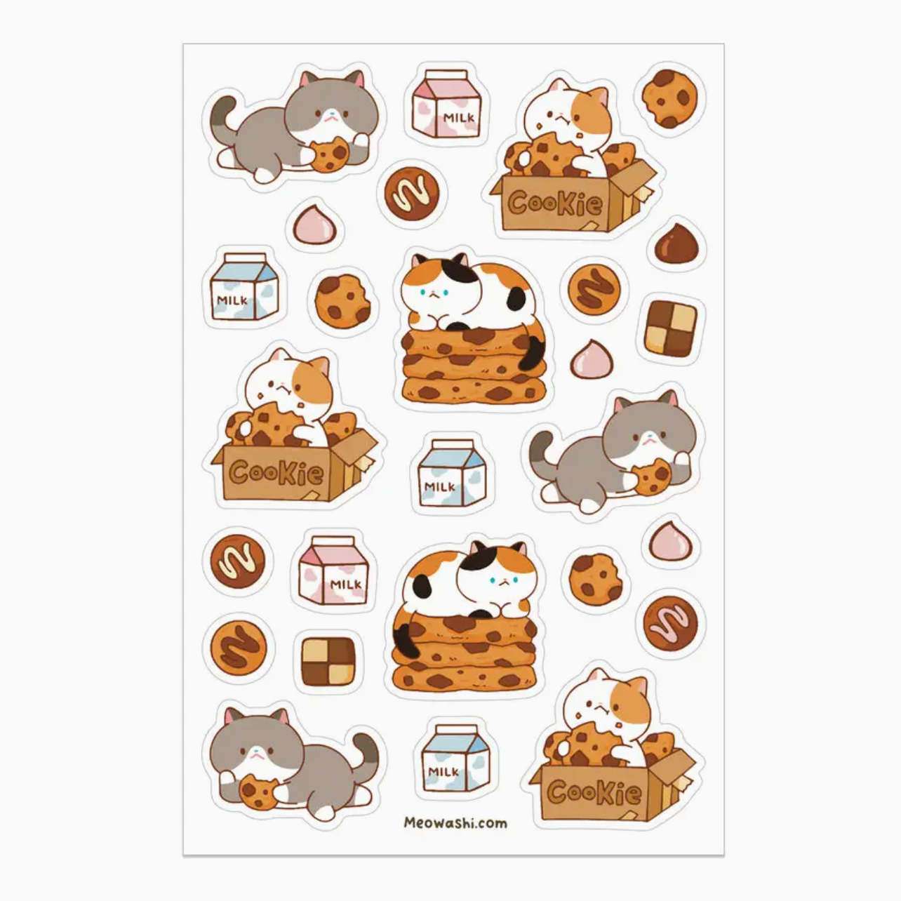 A sheet of cute cartoon cat and cookie stickers on a white background. The stickers feature calico cats, chocolate chip cookies, milk cartons, and cookie boxes, with the text 'Meowashi' and 'Meowashi.