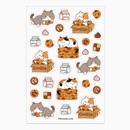 A sheet of cute cartoon cat and cookie stickers on a white background. The stickers feature calico cats, chocolate chip cookies, milk cartons, and cookie boxes, with the text 'Meowashi' and 'Meowashi.