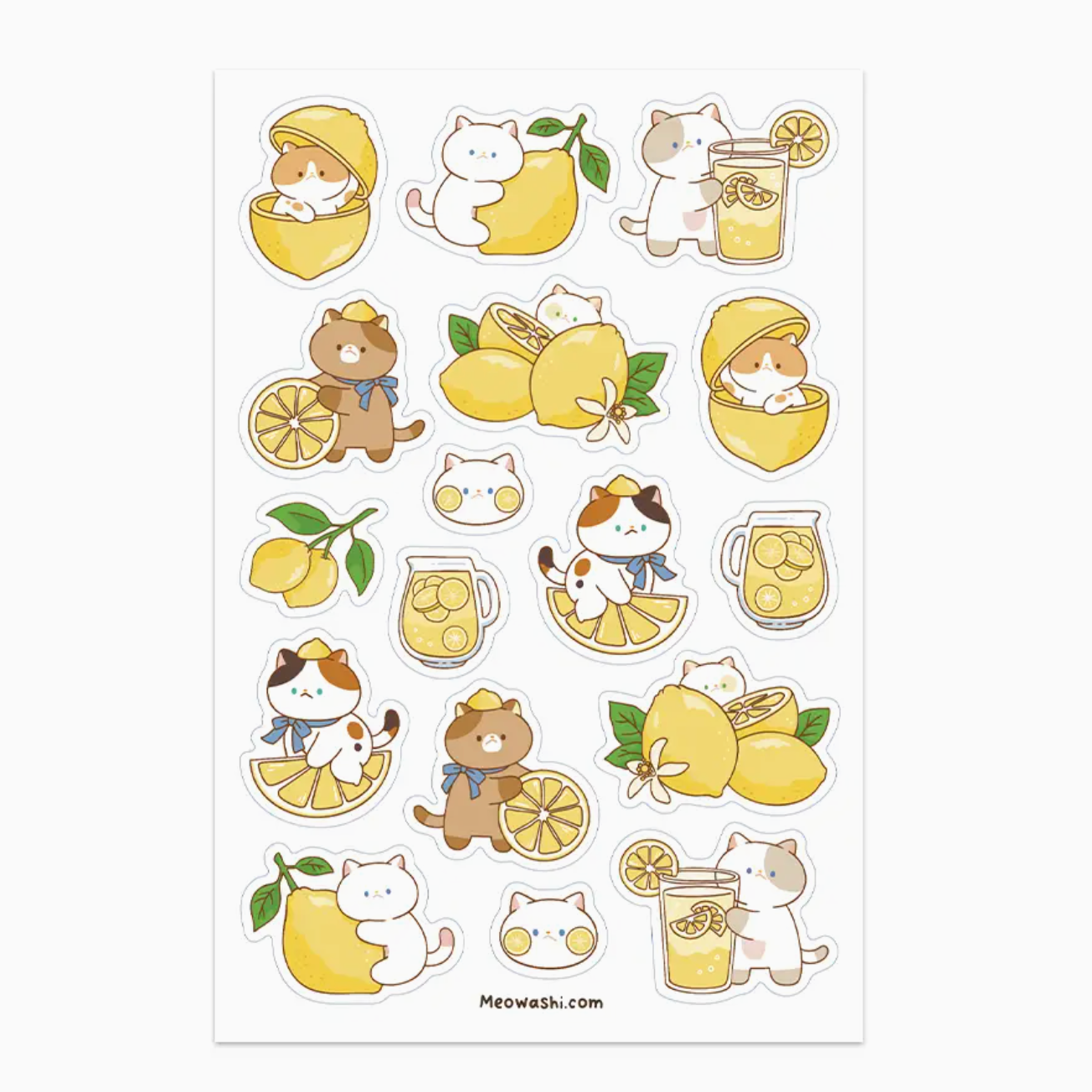 A sheet of cute cartoon cat and lemon stickers on a white background. The stickers feature various designs including cats wearing yellow hats and hoods, sitting with lemons, drinking lemonade from mugs, and holding lemons.