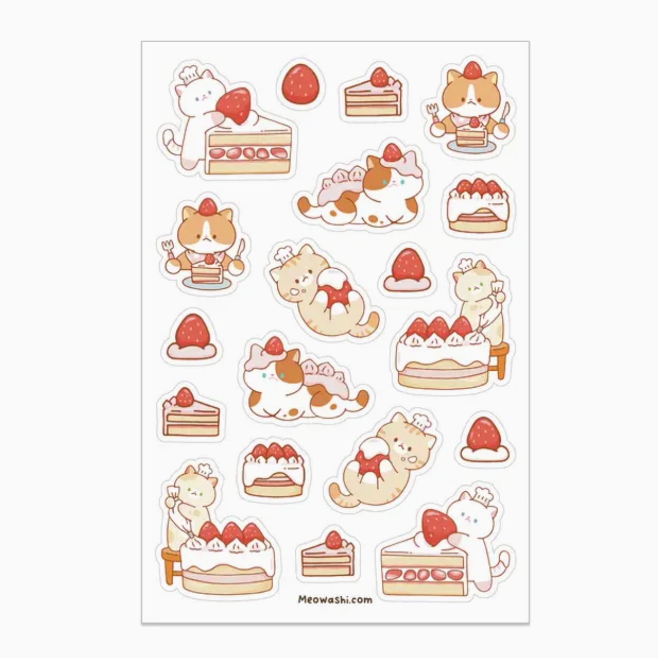 A sheet of cute cartoon cat stickers with desserts, cakes, and strawberries, shown on a white background with the brand name Meowashi.com printed at the bottom.