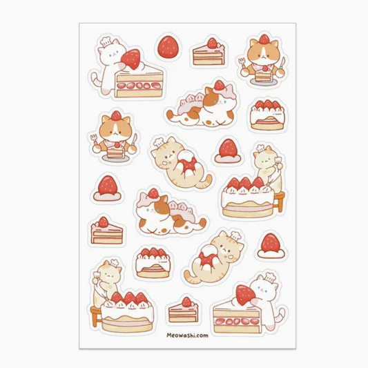A sheet of cute cartoon cat stickers with desserts, cakes, and strawberries, shown on a white background with the brand name Meowashi.com printed at the bottom.
