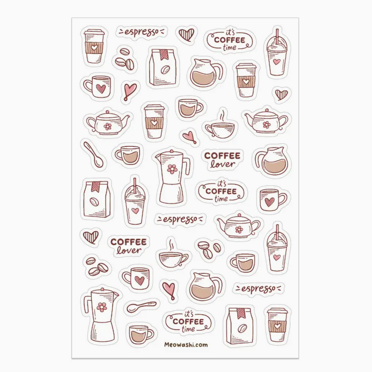 A sheet of coffee-themed stickers featuring illustrations of mugs, cups, coffee makers, bags, hearts, and text like 'espresso' and 'coffee lover' on a white background.