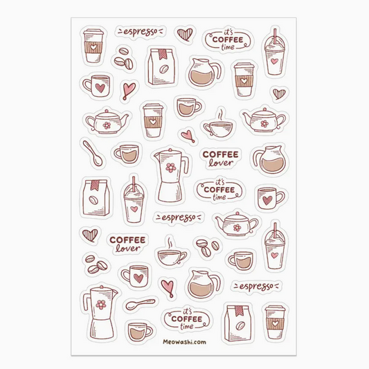 A sheet of coffee-themed stickers featuring illustrations of mugs, cups, coffee makers, bags, hearts, and text like 'espresso' and 'coffee lover' on a white background.