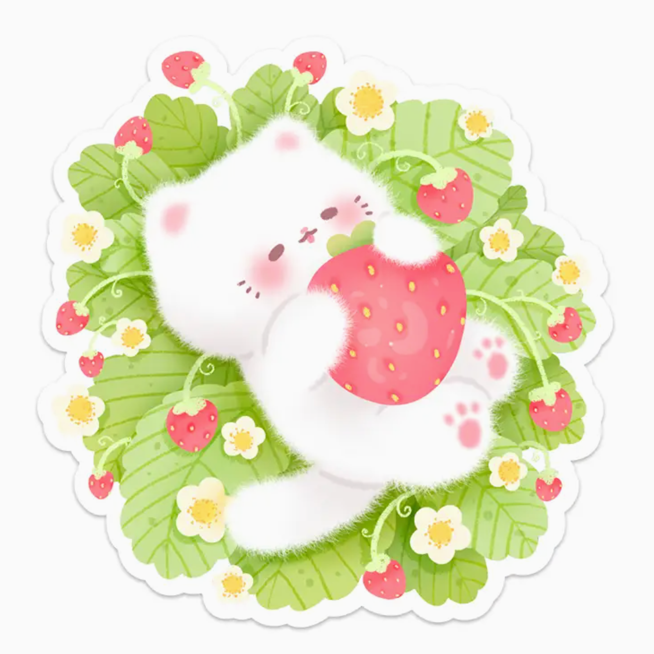 A cute cartoon sticker or decal featuring a white cat holding a large pink-red strawberry, surrounded by green leaves, small white flowers, and scattered strawberries on a plain light background.