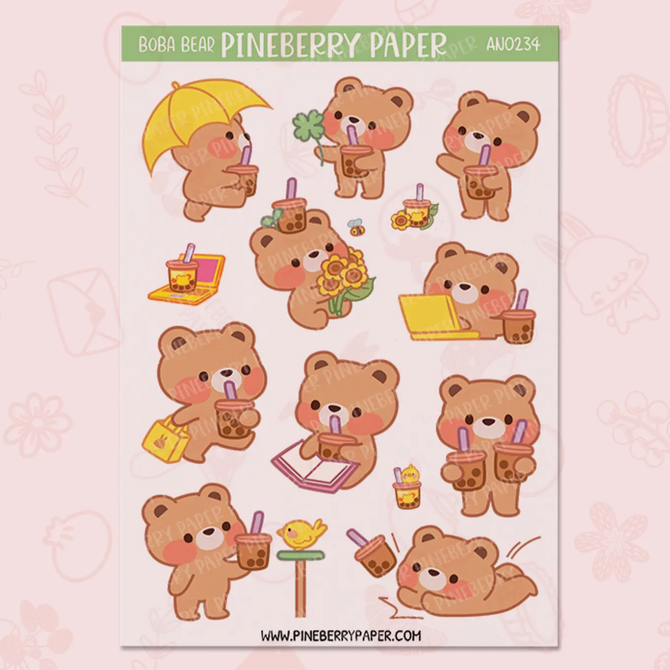 A sheet of cute boba bear sticker designs on a pale pink background. The sheet shows multiple illustrated brown teddy bears holding boba drinks, an umbrella, flowers, and accessories, with the text 'BOBA BEAR PINEBERRY PAPER' at the top and 'WWW.