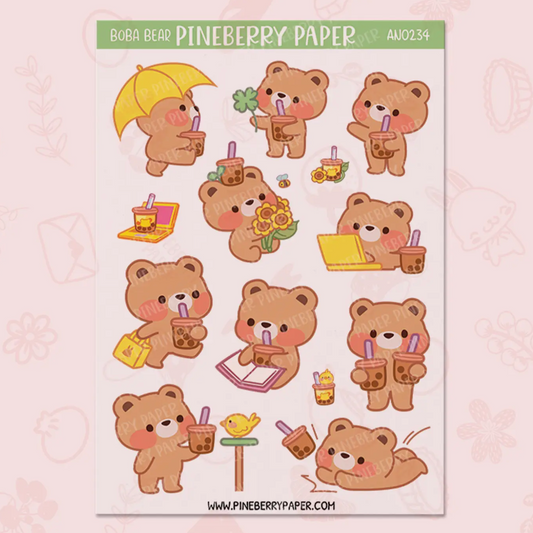 A sheet of cute boba bear sticker designs on a pale pink background. The sheet shows multiple illustrated brown teddy bears holding boba drinks, an umbrella, flowers, and accessories, with the text 'BOBA BEAR PINEBERRY PAPER' at the top and 'WWW.