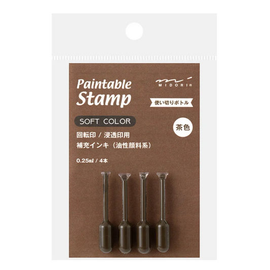 A package of four paintable stamp ink pens in a brown and white card sleeve, labeled 'Paintable Stamp' and 'SOFT COLOR'.