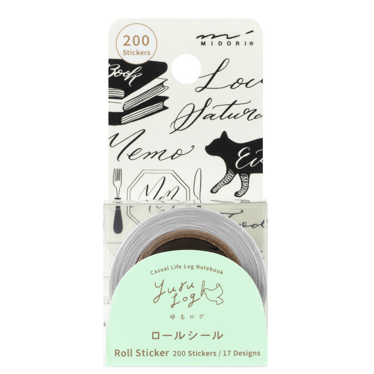 A roll of Midori Log 'Casual Life Log' memo stickers in a clear plastic blister pack with a white and mint green cardboard backing. The packaging features black illustrations of books, a cat, and cursive text, and indicates it contains 200 stickers with 17 designs.