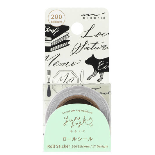 A roll of Midori Log 'Casual Life Log' memo stickers in a clear plastic blister pack with a white and mint green cardboard backing. The packaging features black illustrations of books, a cat, and cursive text, and indicates it contains 200 stickers with 17 designs.