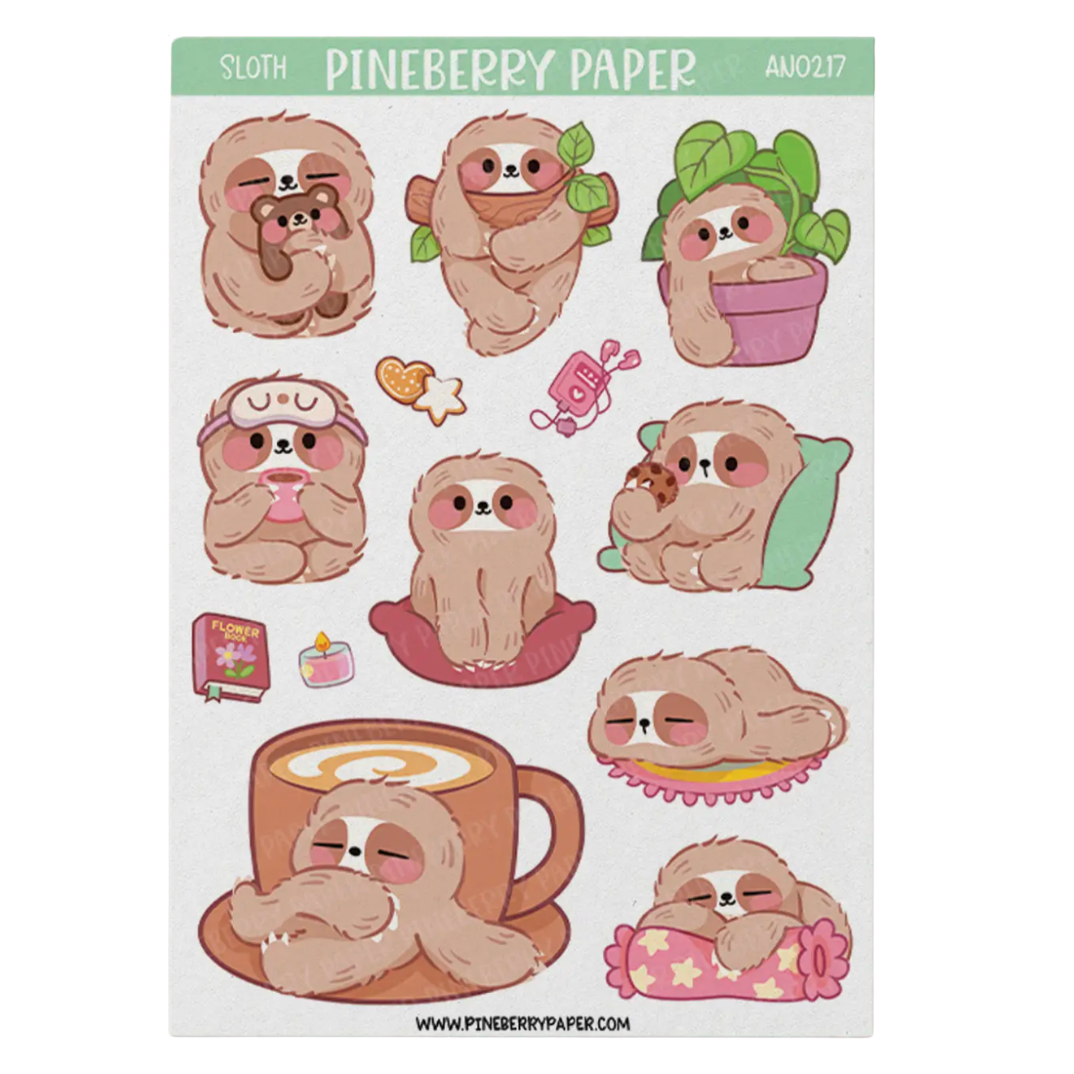 A sheet of Pineberry Paper sloth-themed stickers featuring cute cartoon sloths in various poses, including holding a baby, wearing sunglasses, hugging a plant, drinking coffee, and resting on pink starry pillows, on a white background with a green header.