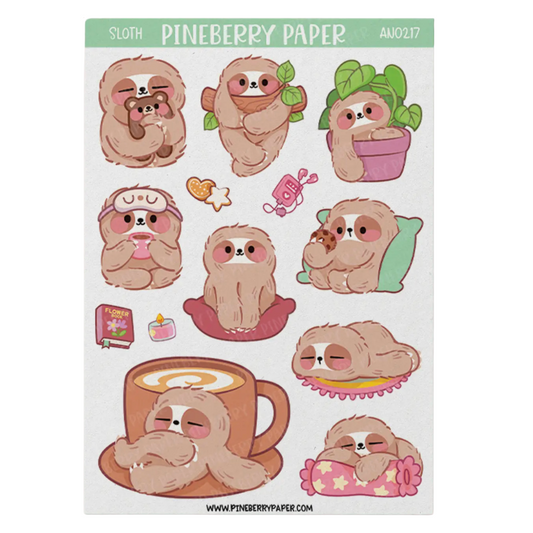 A sheet of Pineberry Paper sloth-themed stickers featuring cute cartoon sloths in various poses, including holding a baby, wearing sunglasses, hugging a plant, drinking coffee, and resting on pink starry pillows, on a white background with a green header.