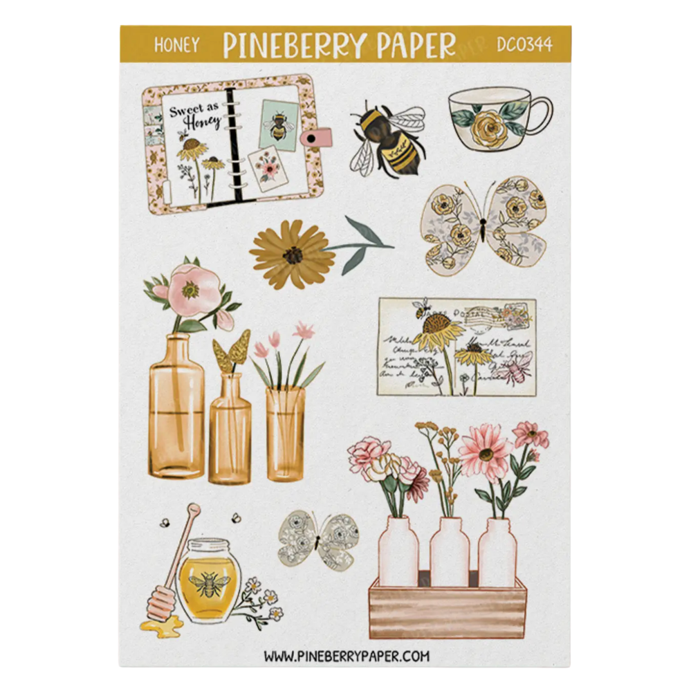 Pineberry Paper Honey themed sticker sheet featuring floral and bee illustrations, including butterflies, flowers in vases, a honey pot, and a honeycomb, on a white background.