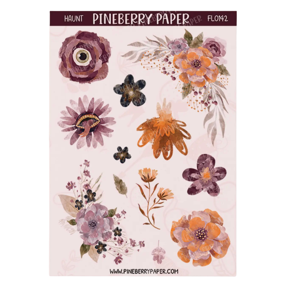 A sheet of floral patterned craft paper from Pineberry Paper, featuring watercolor-style flowers in purple, orange, and brown on a pale pink background. The header reads 'HAUNT PINEBERRY PAPER FLOW2'.