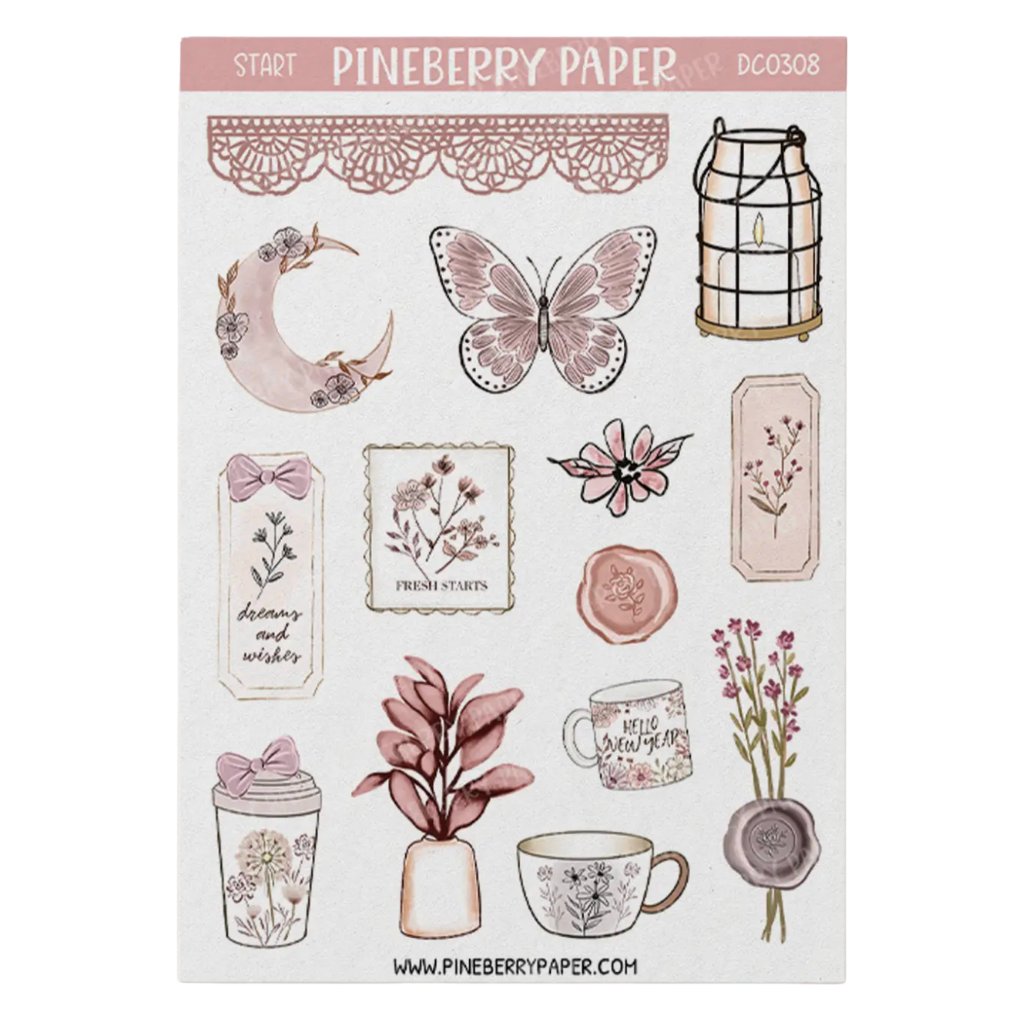 Pineberry Paper sticker sheet featuring botanical and vintage-inspired illustrations including a butterfly, crescent moon, flowers, cups, a lantern, and decorative labels on a white background.