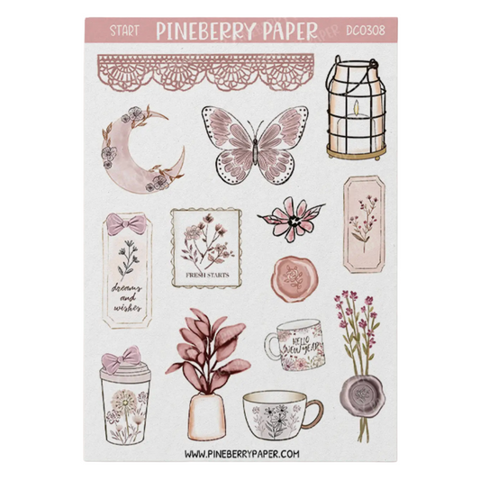 Pineberry Paper sticker sheet featuring botanical and vintage-inspired illustrations including a butterfly, crescent moon, flowers, cups, a lantern, and decorative labels on a white background.