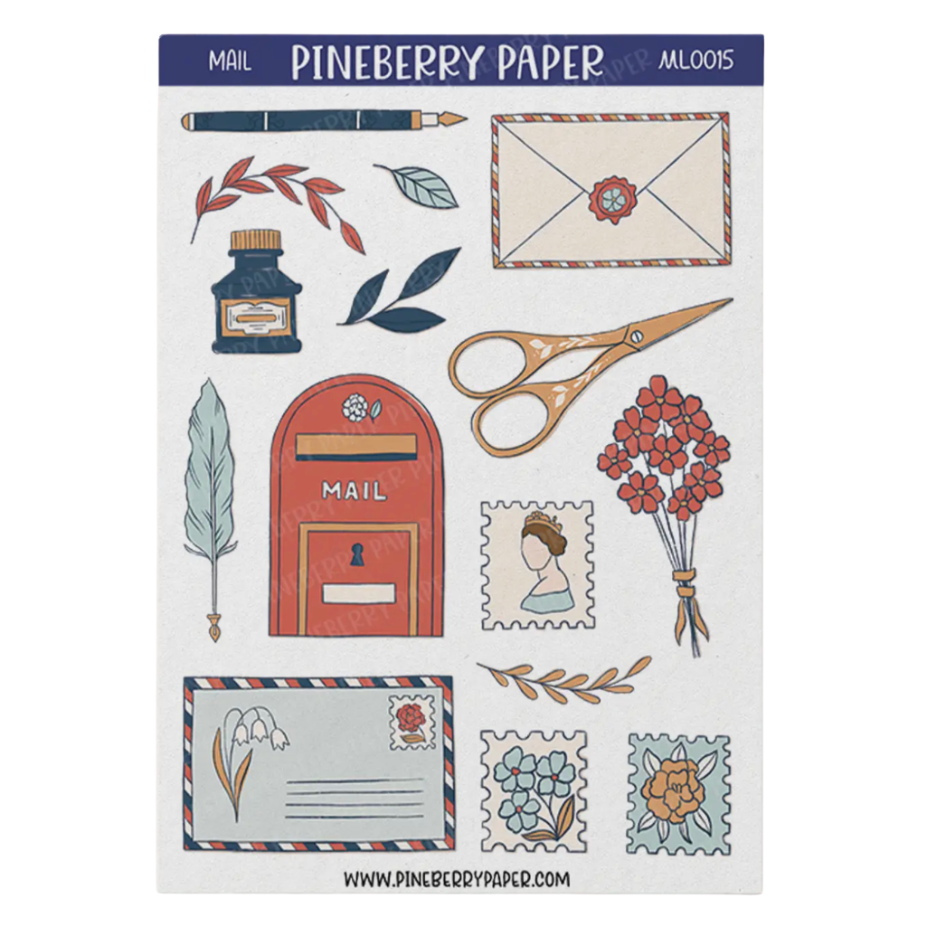 A Pineberry Paper sticker sheet featuring vintage postage-themed illustrations including an envelope, mailbox, scissors, flowers, stamps, a feather quill, and a small bottle, on a white background with a blue header.
