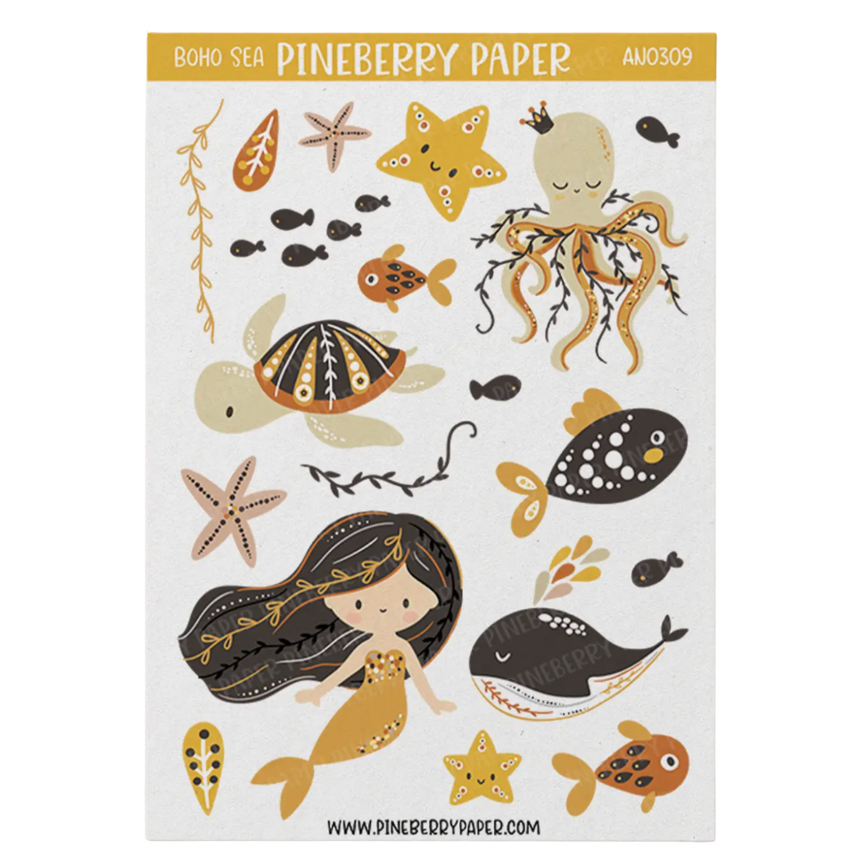 A sheet of Boho Sea Pineberry Paper stickers featuring whimsical ocean and mermaid illustrations, including a mermaid, octopus, turtle, fish, starfish, and whales, on a white background with a gold header.