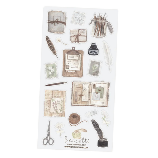 A sheet of Beccotti vintage-themed stickers featuring watercolor-style illustrations of old books, envelopes, scissors, feathers, ink bottles, stamps, and stationery on a white background.