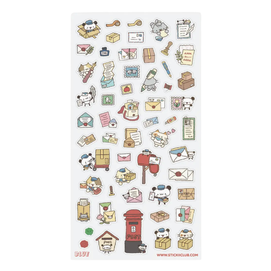 A sheet of cute postmark-style stickers featuring cartoon dogs and postal themes, including envelopes, stamps, boxes, a red post box, and postmarks, shown on a white background.