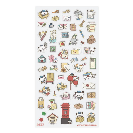 A sheet of cute postmark-style stickers featuring cartoon dogs and postal themes, including envelopes, stamps, boxes, a red post box, and postmarks, shown on a white background.