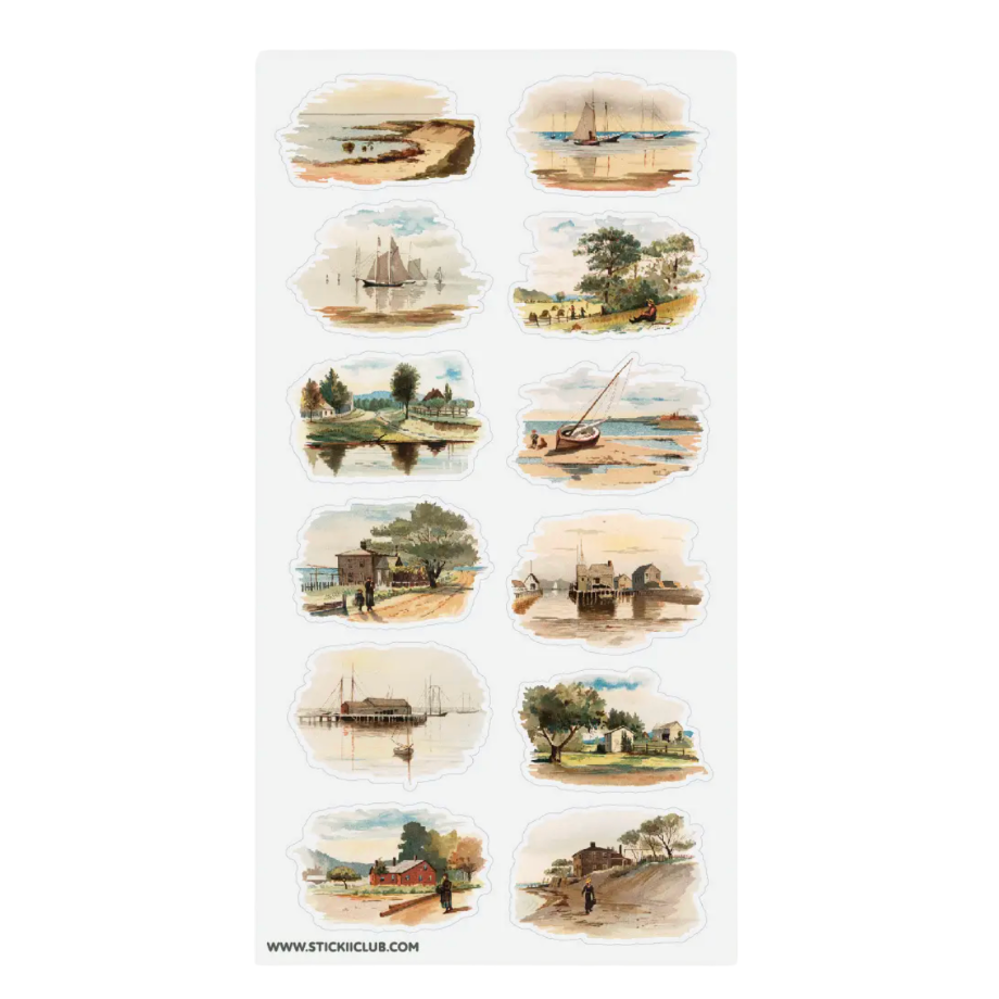 A sheet of twelve small oval watercolor-style illustrations depicting coastal and river scenes with boats, trees, and figures, shown on a white background. Small text at the bottom reads www.